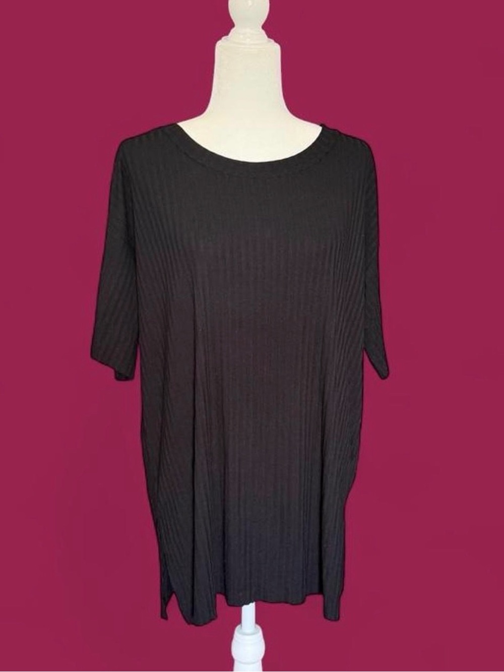 Oversized Black Ribbed Women's T-Shirt Top - Versatile Everyday Basic Tee